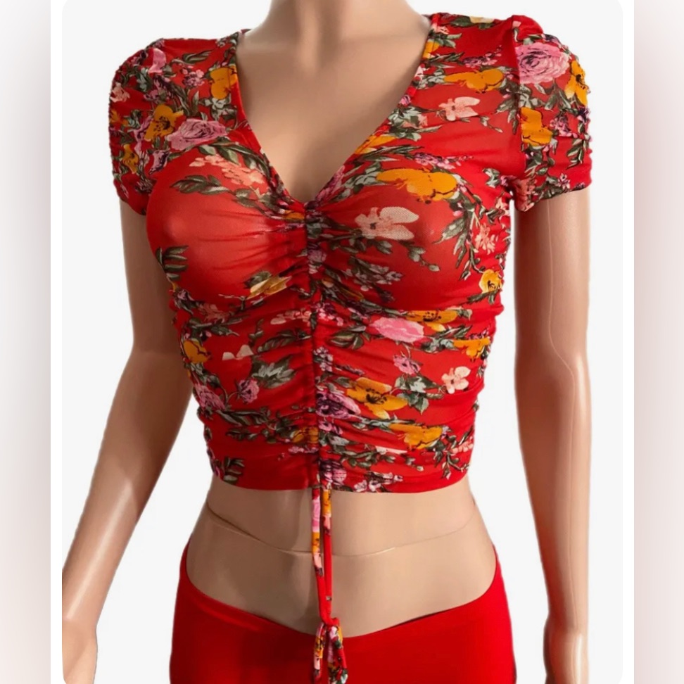 Sexy Red Hot Floral Ruched Adj Drawstring Short Sleeves Cropped Cleavage Top New